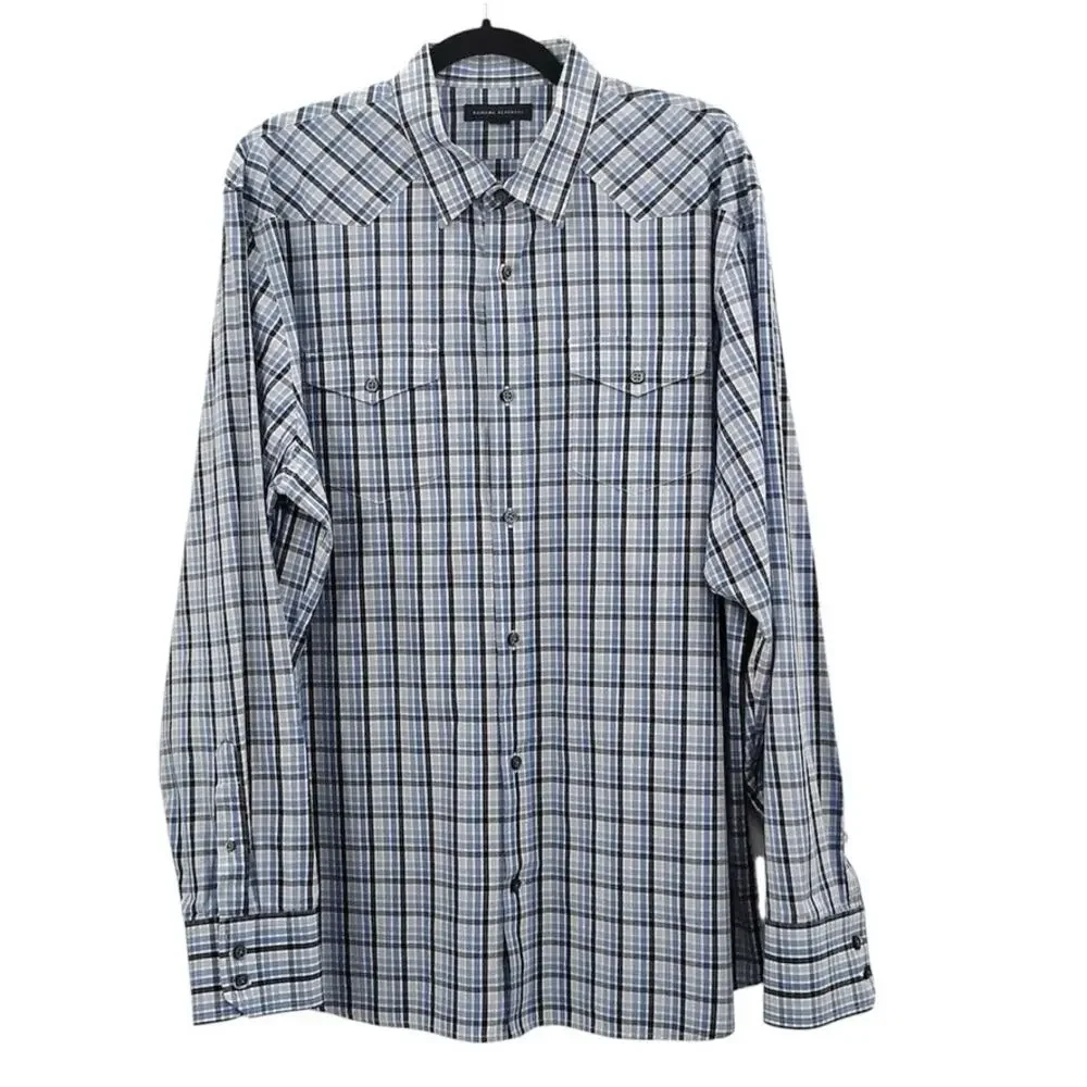 Banana Republic Plaid Dress Shirt Button Up Plaid Flap Pockets Blue White XL